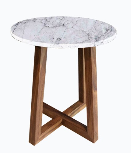 Mesa Esquinera En Madera De Parota Con Mármol Blanco.