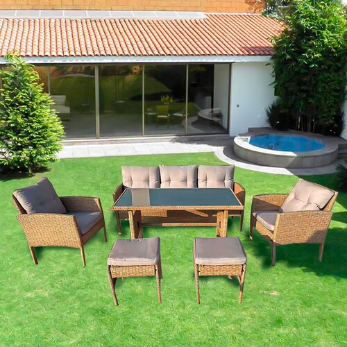 Comedor para Exteriores De 6 Piezas Mimbre Cafe Vidrio Templado Sofa para jardín