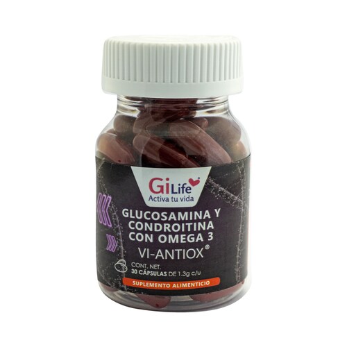 Vi-antiox, Glucosamina y Condroitina con Omega 3, Gi life, Frasco transparente con 30 cápsulas de 1.3g c/u