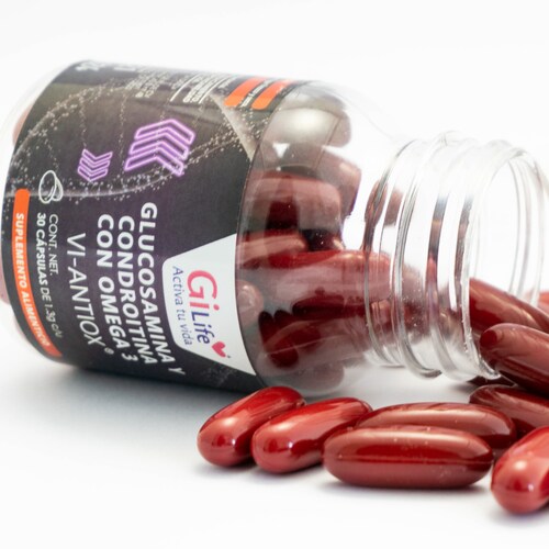 Vi-antiox, Glucosamina y Condroitina con Omega 3, Gi life, Frasco transparente con 30 cápsulas de 1.3g c/u