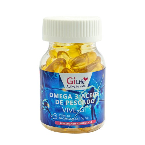 Vive- gi, Omega 3 Aceite de Pescado, Gi life, Frasco transparente con 30 cápsulas de 1.3g c/u