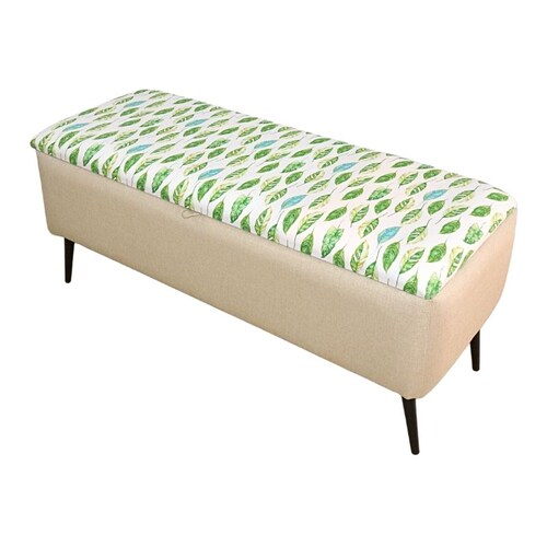 Otomán Matrimonial NORVAL Muebles Reposapiés Liverpool para Sala Otomán tapizado en Lino Beige con Estampado de Hojas Pie con Baúl para Zapatos o Juguetes