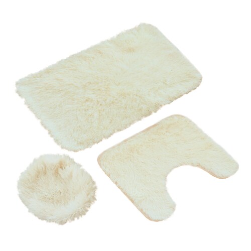 Tapete de baño, juego 3 piezas alfombrillas shag color crema