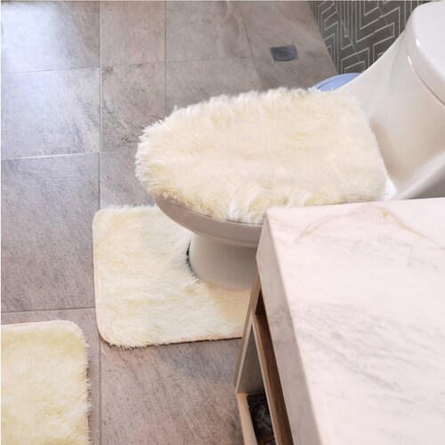 Tapete de baño, juego 3 piezas alfombrillas shag color crema