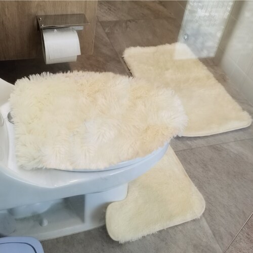 Tapete de baño, juego 3 piezas alfombrillas shag color crema