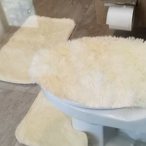 Tapete de baño, juego 3 piezas alfombrillas shag color crema