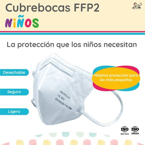 Cubrebocas para Niños Color Blanco (Caja 45 Piezas) Red Baboon FFP2 Infantil 