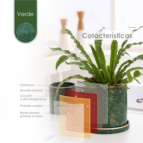 Macetero borde dorado 15 cm alto maceta con plato de base (verde)