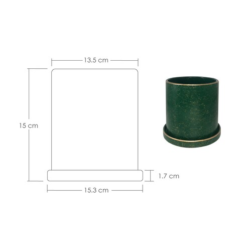 Macetero borde dorado 15 cm alto maceta con plato de base (verde)