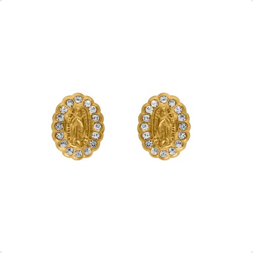 Aretes Broqueles Virgen Guadalupe  VAROURO Oro 14k Zirconia + Estuche