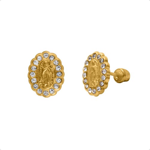 Aretes Broqueles Virgen Guadalupe  VAROURO Oro 14k Zirconia + Estuche