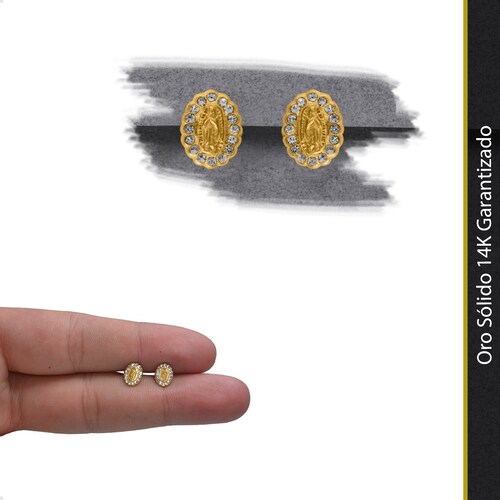 Aretes Broqueles Virgen Guadalupe  VAROURO Oro 14k Zirconia + Estuche