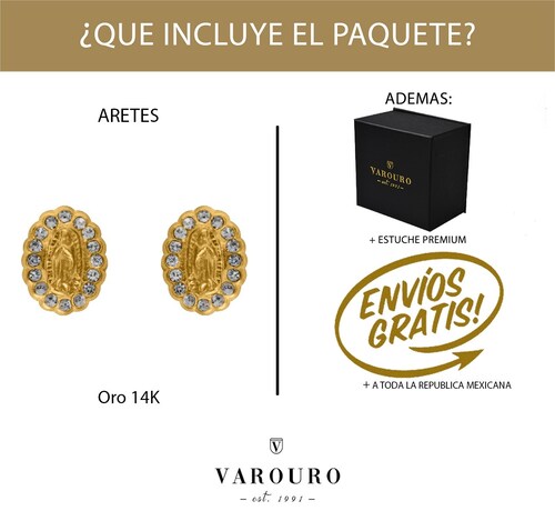 Aretes Broqueles Virgen Guadalupe  VAROURO Oro 14k Zirconia + Estuche