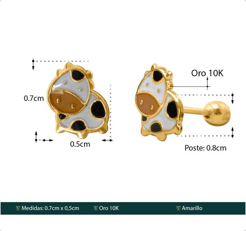 Aretes | Broqueles Vaca VAROURO Oro Sólido 10k Piercing + Estuche.
