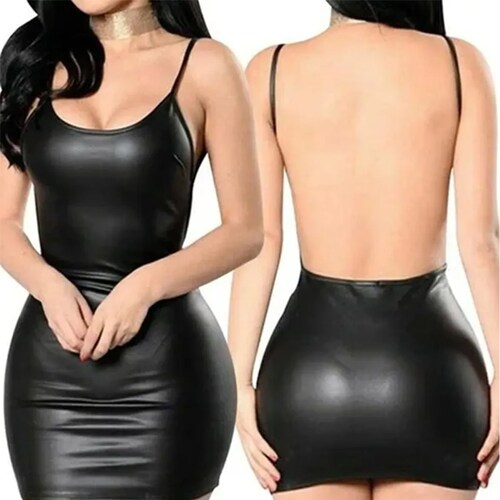 Vestido De Cuero Sin Espalda De Aspecto Mojado De Látex.
