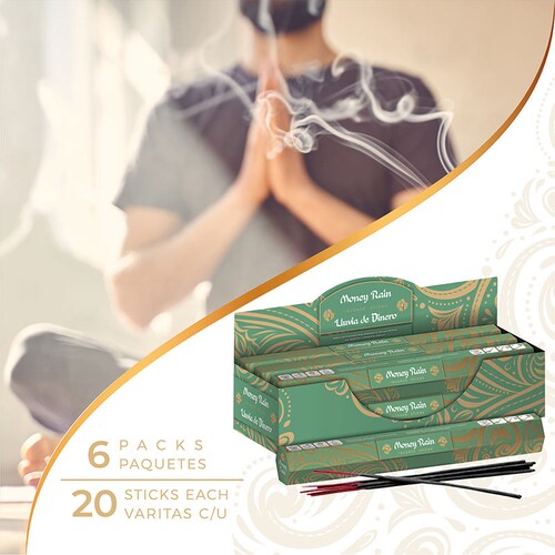 Punto Aroma - Incienso con aroma premium - Ingredientes naturales - Contenido 6 cajas con 20 varitas (Lluvia de dinero, 120 unidades).