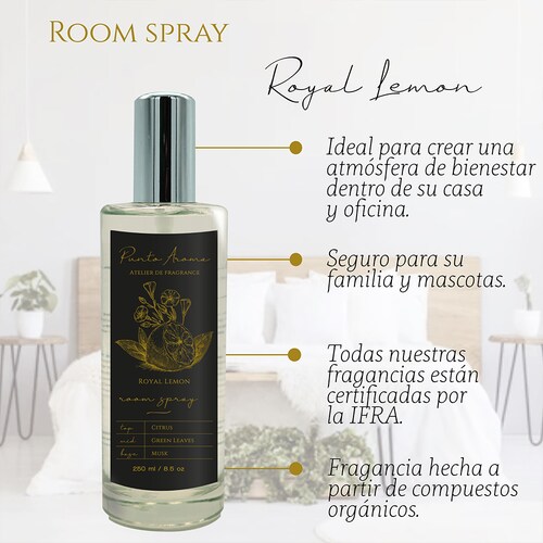 Punto Aroma - Home Mist 250ml - Ambientador de Fragancia Premium - Air Freshener - Spray aromatizante con atomizador - Ideal para casa, coche, oficina, carro, baño (Royal Lemon)