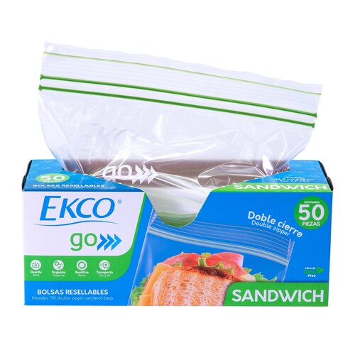 Bolsas Resellables Tamaño Sándwich Ekco Go de 50 Piezas con Doble Cierre