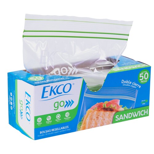 Bolsas Resellables Tamaño Sándwich Ekco Go de 50 Piezas con Doble Cierre