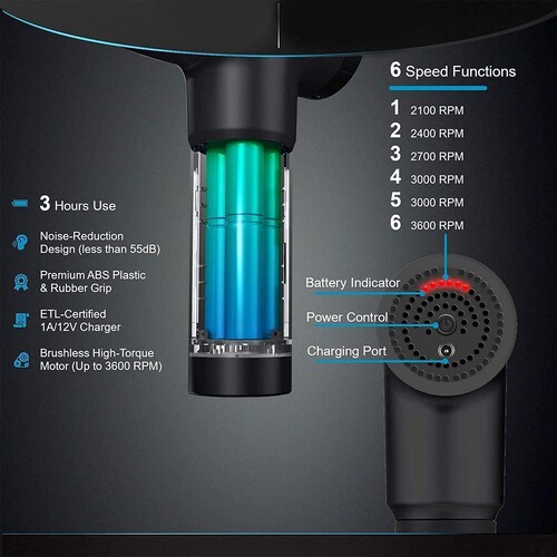 Hand-Held Masajeador muscular eléctrico de percusión led masajeador para espalda cuello hombro alivio del dolor de tejido profundo, máquina de masaje de percusión automática de 6 velocidades, súper silencioso.