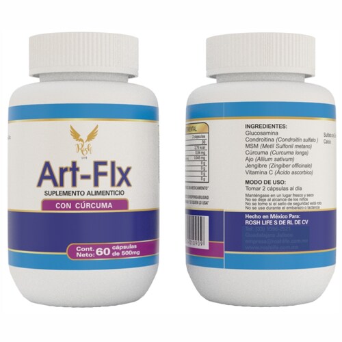 Art-Flx articulaciones, con Cúrcuma, Ajo,Jengibre,Calcio, Frasco de 60 capsulas.