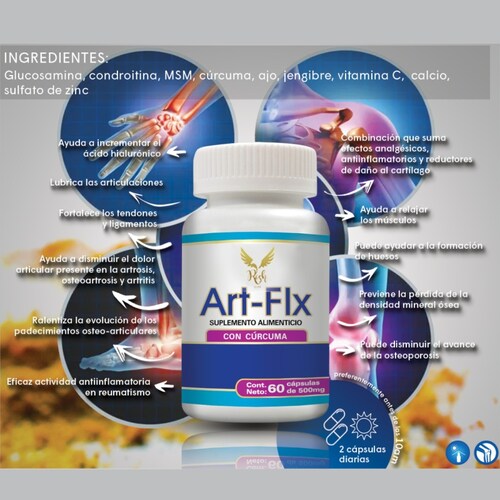 Art-Flx articulaciones, con Cúrcuma, Ajo,Jengibre,Calcio, Frasco de 60 capsulas.