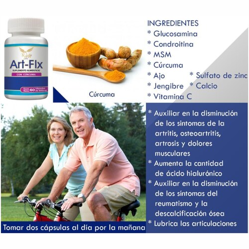 Art-Flx articulaciones, con Cúrcuma, Ajo,Jengibre,Calcio, Frasco de 60 capsulas.