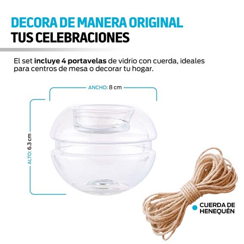 Portavelas de Cristal para Decoración con Cuerda de Henequén (4 Pz) Redlemon