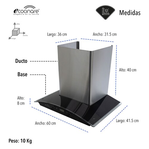 Campana de Cocina 60cm para Pared, BOTONES TOUCH Acero Inoxidable y Vidrio Templado, Extractora y Purificadora, 3 Velocidades, con Iluminación, Filtro Metálico Lavable.