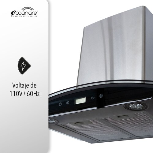 Campana de Cocina 60cm para Pared, BOTONES TOUCH Acero Inoxidable y Vidrio Templado, Extractora y Purificadora, 3 Velocidades, con Iluminación, Filtro Metálico Lavable.