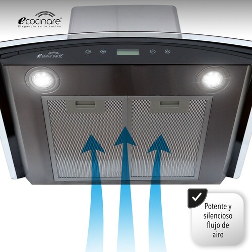 Campana de Cocina 60cm para Pared, BOTONES TOUCH Acero Inoxidable y Vidrio Templado, Extractora y Purificadora, 3 Velocidades, con Iluminación, Filtro Metálico Lavable.