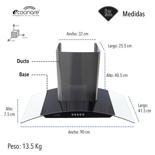 Campana Extractora de Cocina - Empotrable - Botones Acero Inoxidable y Vidrio Templado, Extractora y Purificadora, 3 Velocidades de Succión, Iluminacion LED, Filtros Metalicos (90 cm)