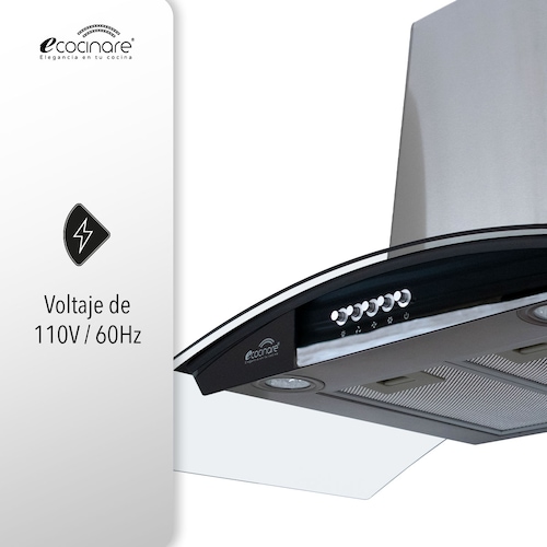 Campana Extractora de Cocina - Empotrable - Botones Acero Inoxidable y Vidrio Templado, Extractora y Purificadora, 3 Velocidades de Succión, Iluminacion LED, Filtros Metalicos (90 cm)