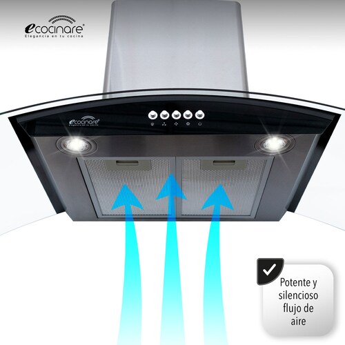Campana Extractora de Cocina - Empotrable - Botones Acero Inoxidable y Vidrio Templado, Extractora y Purificadora, 3 Velocidades de Succión, Iluminacion LED, Filtros Metalicos (90 cm)