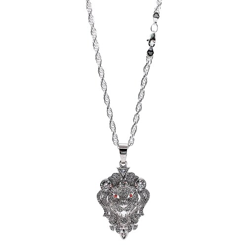 Dije León de Plata .925 Hombre con cadena torzal Piedra zirconia suiza y baño de rodio Joyeria Incluye caja de regalo