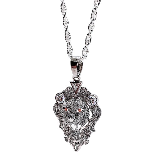 Dije León de Plata .925 Hombre con cadena torzal Piedra zirconia suiza y baño de rodio Joyeria Incluye caja de regalo