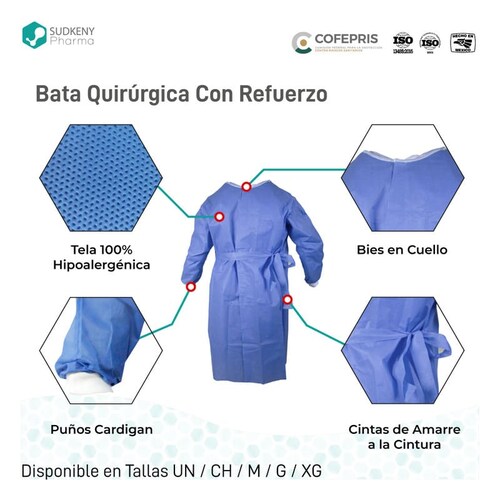 Bata quirúrgica desechable con refuerzo, SUDKENY PHARMA (10 piezas)