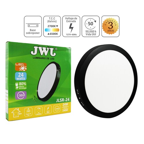 Lampara led de sobreponer redonda con marco negro y luz blanca 24w marca jwj