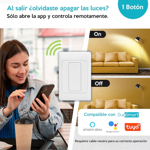 Wi-Fi Switch, Apagador Inteligente de 1 botón clickeable WiFi Duosmart A10 compatible con Alexa, Google, Tuya