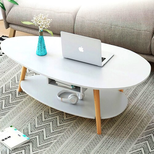 Ilios Innova Mesa de Centro Ovalada 2 Niveles, Mesa Auxiliar Multifuncional para Sala o Dormitorio 