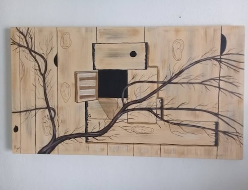 Cuadro decorativo pintado a mano Galería Oneris VENTANA MADERA VINTAGE 90x50