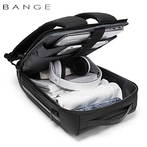  Mochila BANGE. Para laptop, iPad y artículos extra. Candado de seguridad antirrobo, puerto de carga USB y material repelente al agua. Modelo BG-7216
