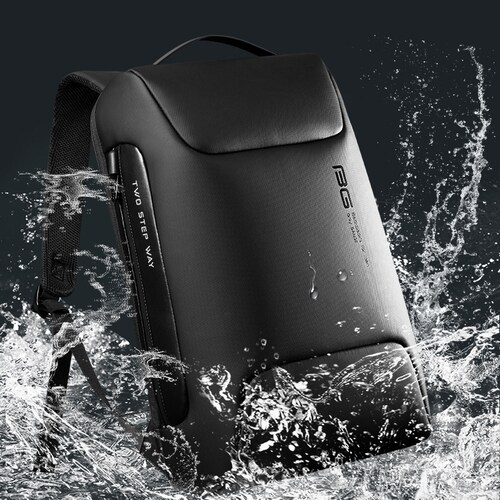  Mochila BANGE. Para laptop, iPad y artículos extra. Candado de seguridad antirrobo, puerto de carga USB y material repelente al agua. Modelo BG-7216