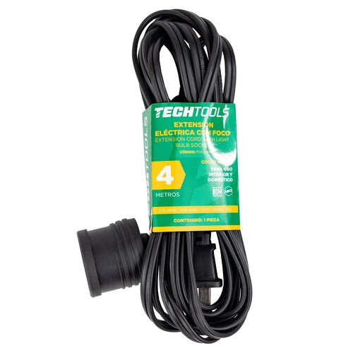 Paquete de 3 Extensiones Eléctricas con Portalámpara, de Color Negro, de 4 Metros. Clavija de 1.31 mm, 127 V, 60 Hz, 13 Amps.
