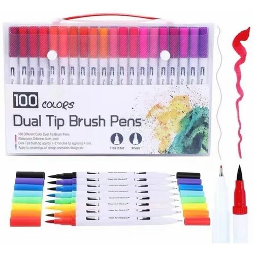 Marcadores Doble Punta Pincel Plumones Dibujo De 100 Colores