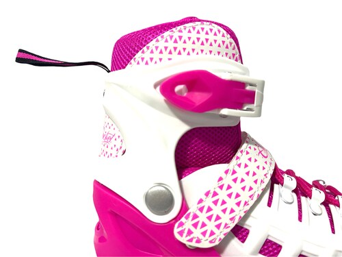 Combo Pro de patines, con casco, protecciónes, y mochila de regalo, color blanco con rosa CH ajustable de la talla 19 a 21