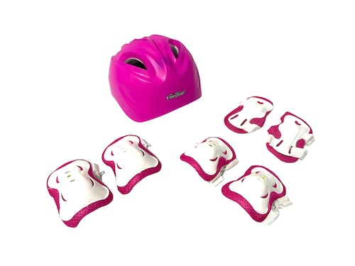 Combo Pro de patines, con casco, protecciónes, y mochila de regalo, color blanco con rosa CH ajustable de la talla 19 a 21