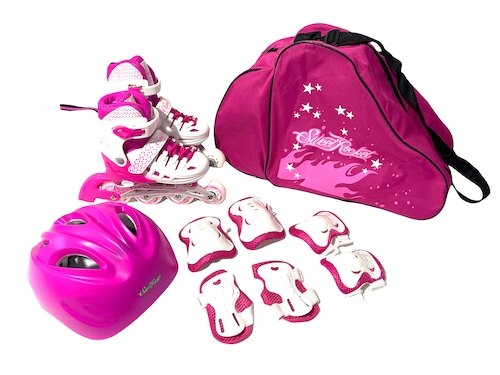 Combo Pro de patines, con casco, protecciónes, y mochila de regalo, color blanco con rosa CH ajustable de la talla 19 a 21