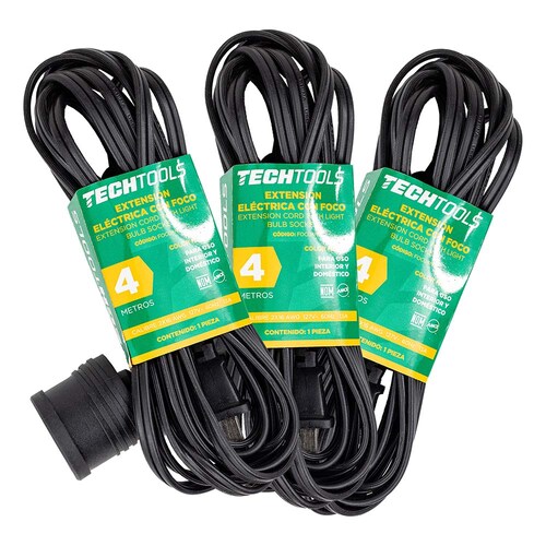 Paquete de 3 Extensiones Eléctricas con Portalámpara, de Color Negro, de 4 Metros. Clavija de 1.31 mm, 127 V, 60 Hz, 13 Amps.