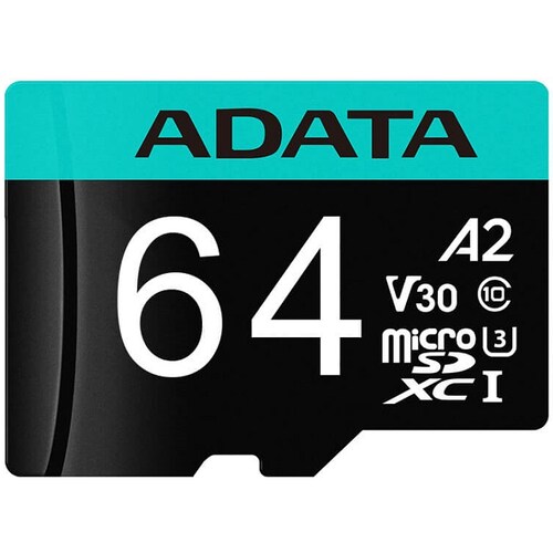 Memoria MicroSD Adata Premier Pro 64GB SDXC UHS-I U3 V30 Clase 10 A2 Con Adaptador AUSDX64GUI3V30SA2-RA1